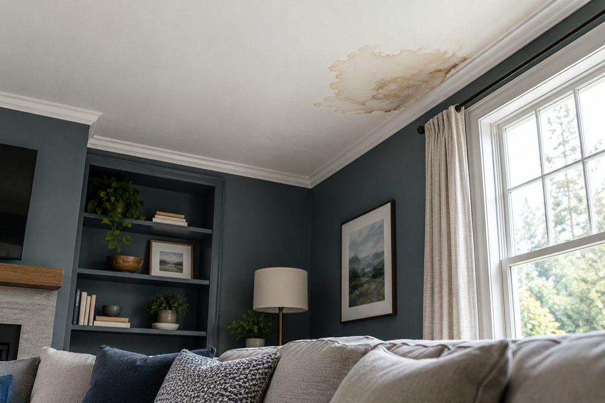 Living room with water staining on the ceiling