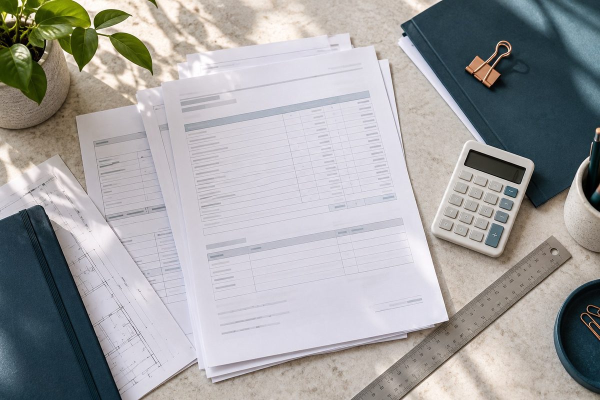 Estimate worksheets, a calculator and a ruler on a desk