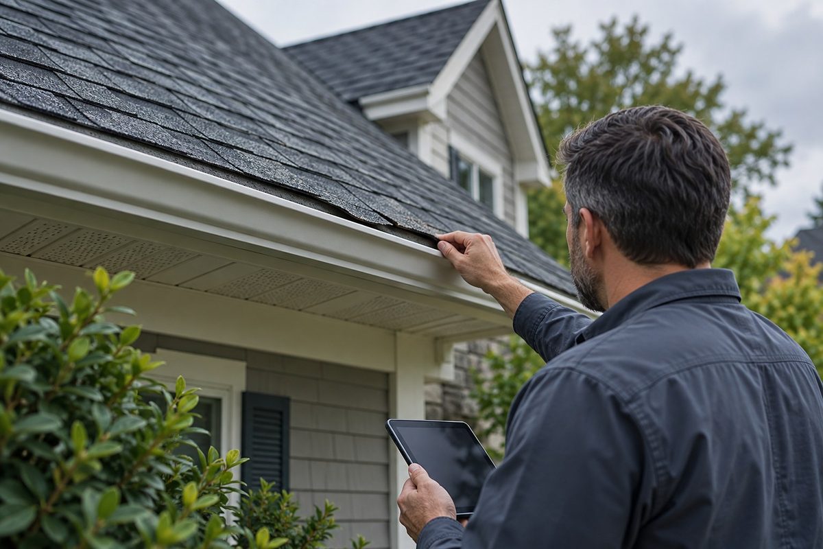 Inspector checking a roofline with a tablet