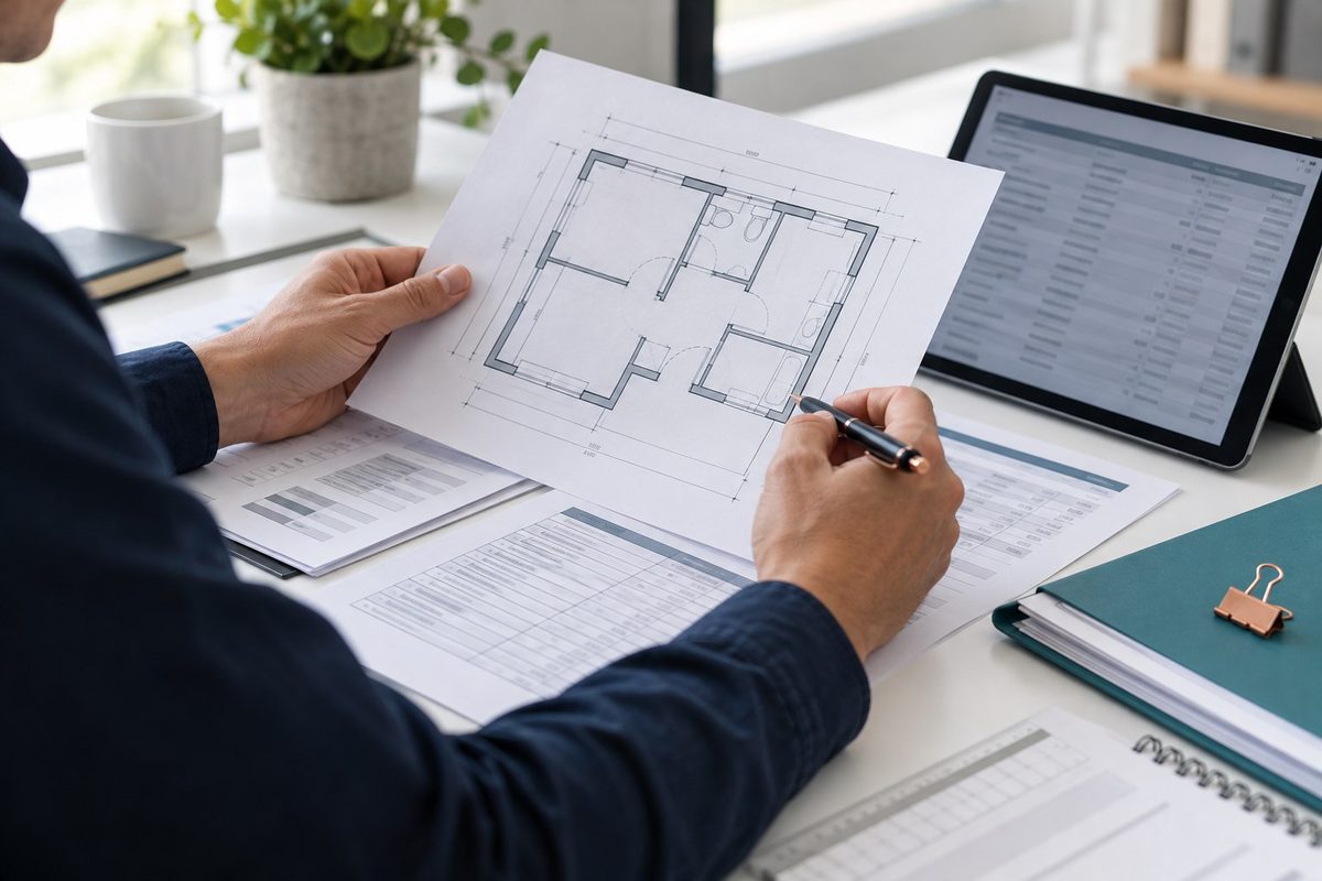 Reviewer comparing a floor plan with claim documents