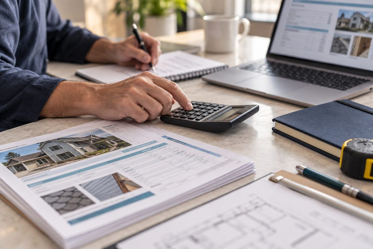 Estimator working through worksheets with a calculator